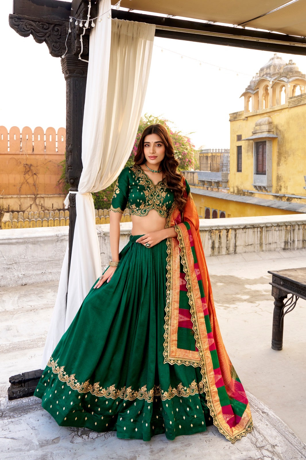 Vichitra Silk Lahenga Choli - Green Colour