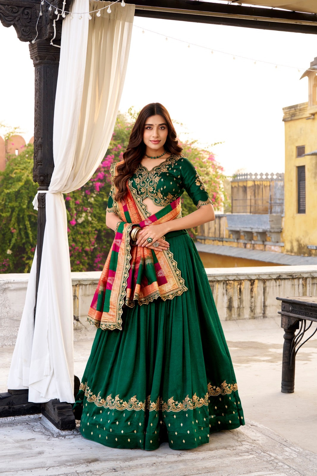 Vichitra Silk Lahenga Choli - Green Colour