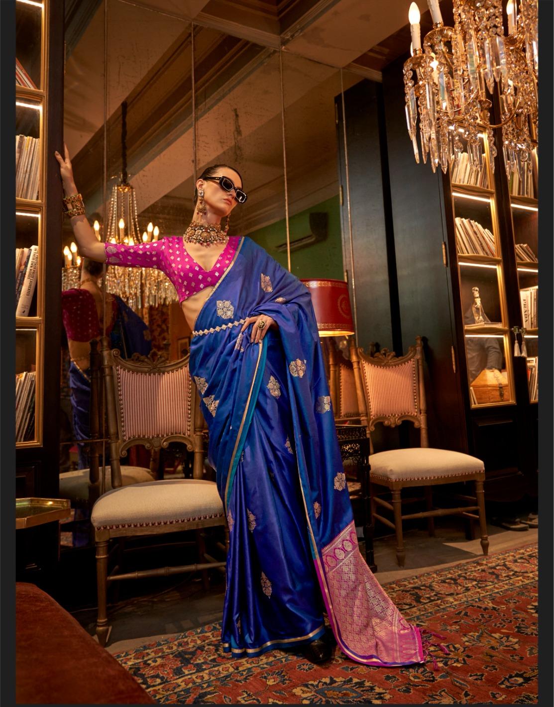 Classic Blue Noorvana Regal Satin Weave Saree