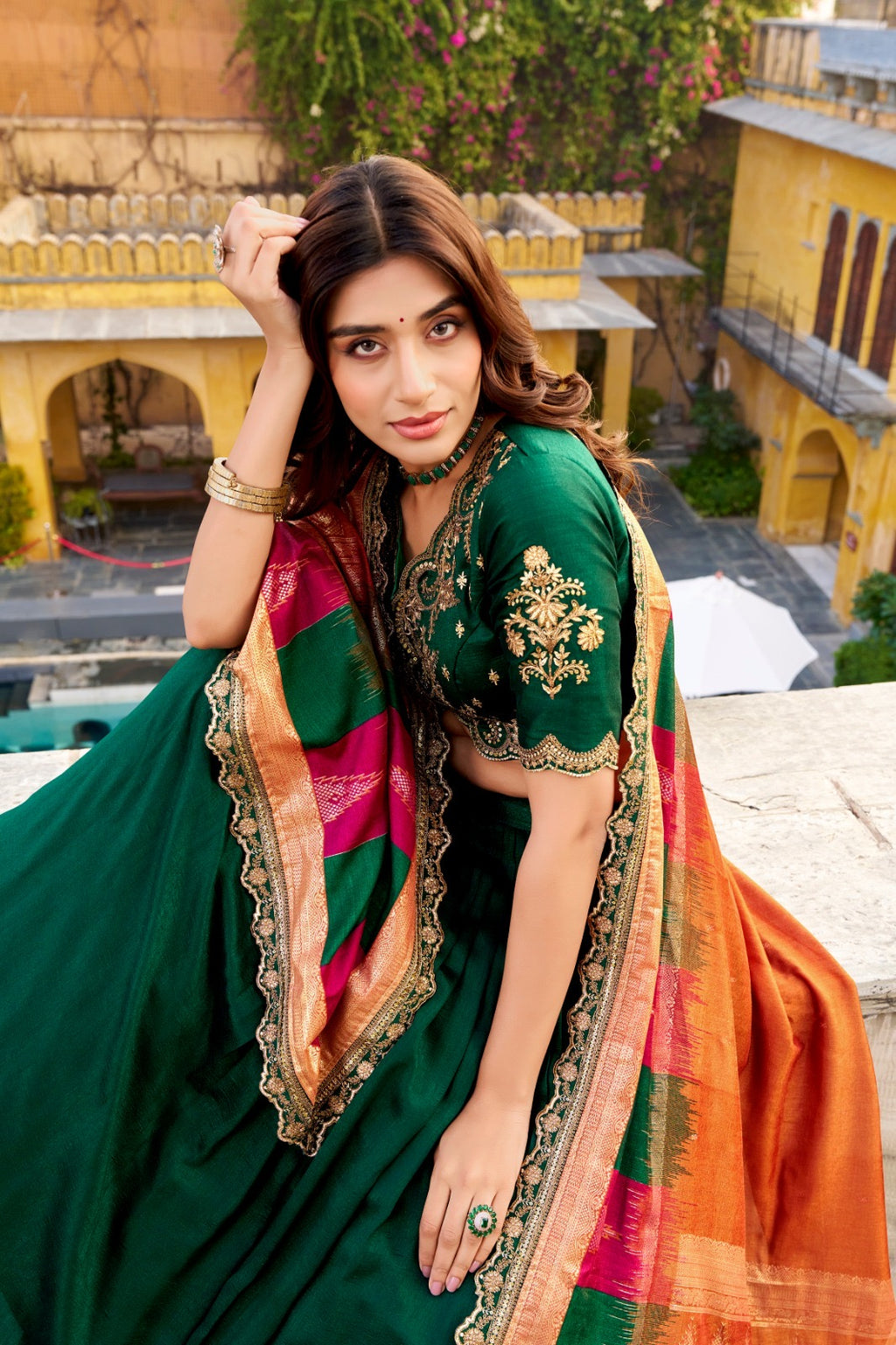 Vichitra Silk Lahenga Choli - Green Colour
