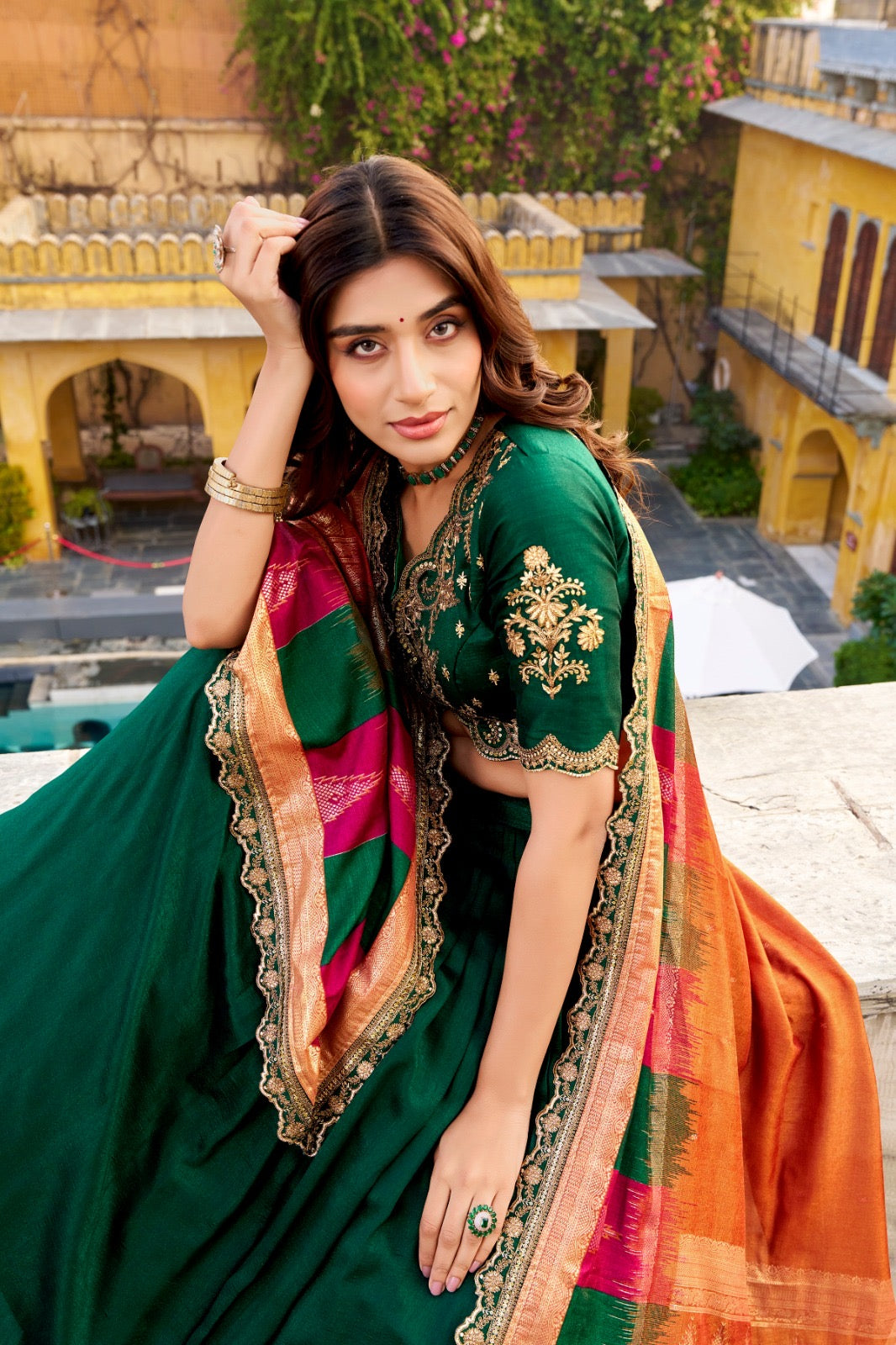 Vichitra Silk Lahenga Choli - Green Colour